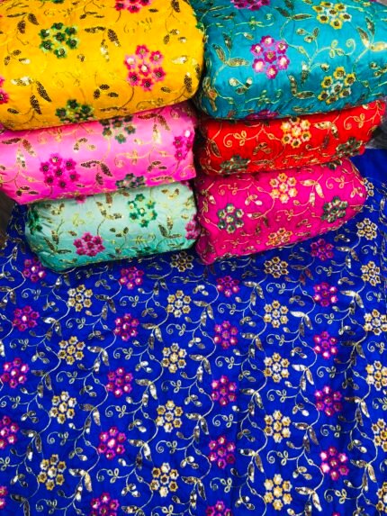 Pure saga silk heavy Multi thread embroidered fabric flower design
