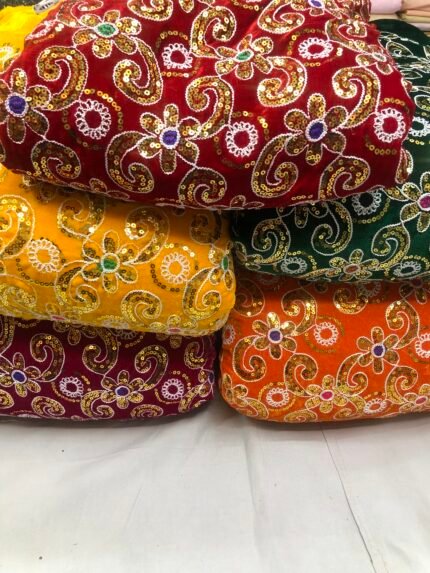 Viscose velvet thread work with sequence embroidered fabric