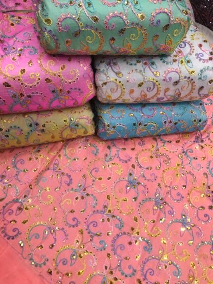 Saga silk glitter thread work embroidered fabric